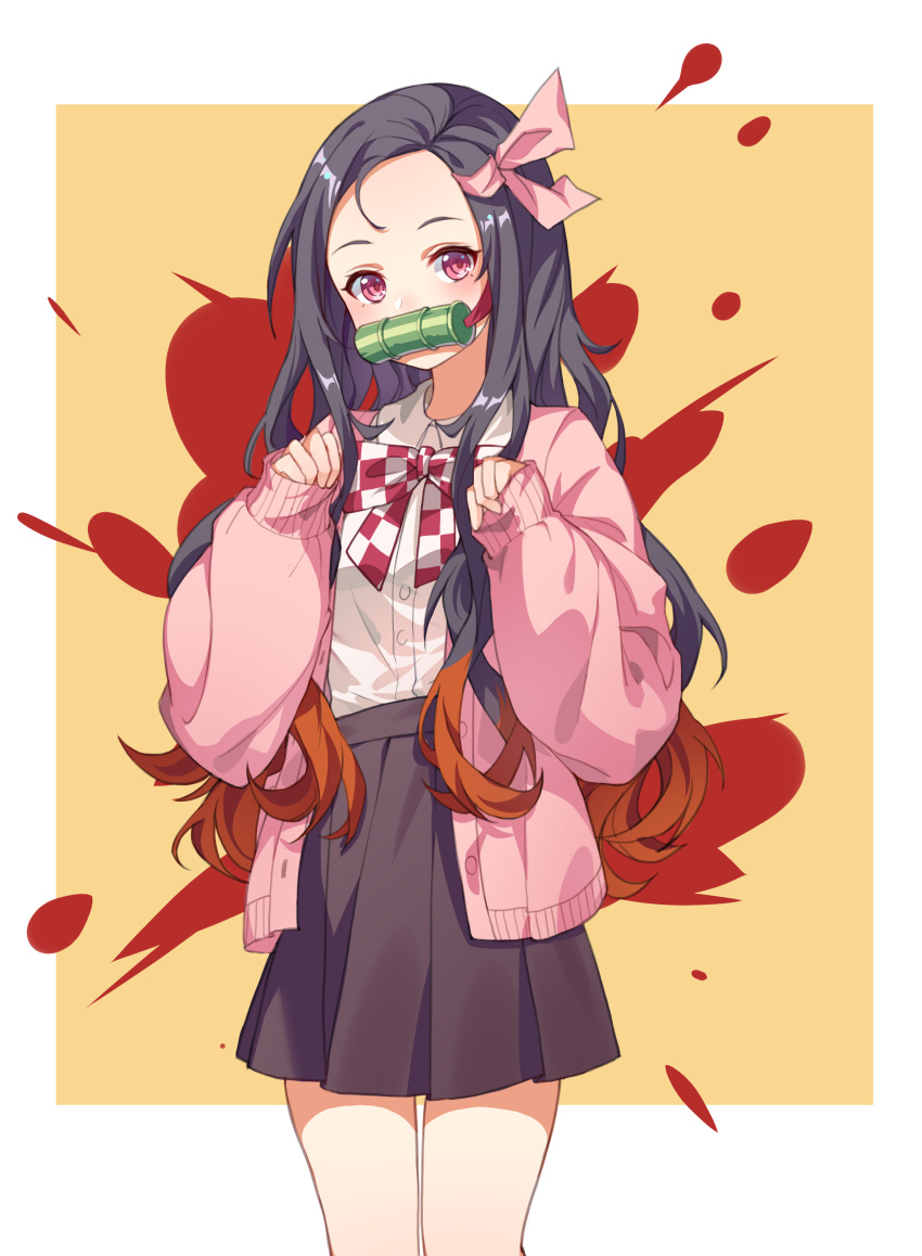 1girl, absurdres, bit_gag, black_hair, black_skirt, blush, bow, bowtie
