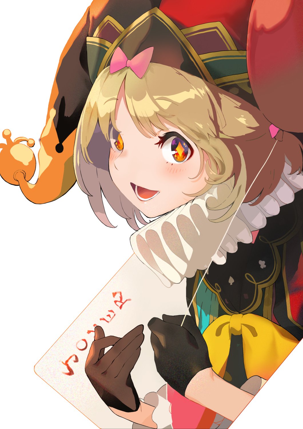 +_+, 1girl, balloon, black_gloves, blonde_hair, bow, card, clover