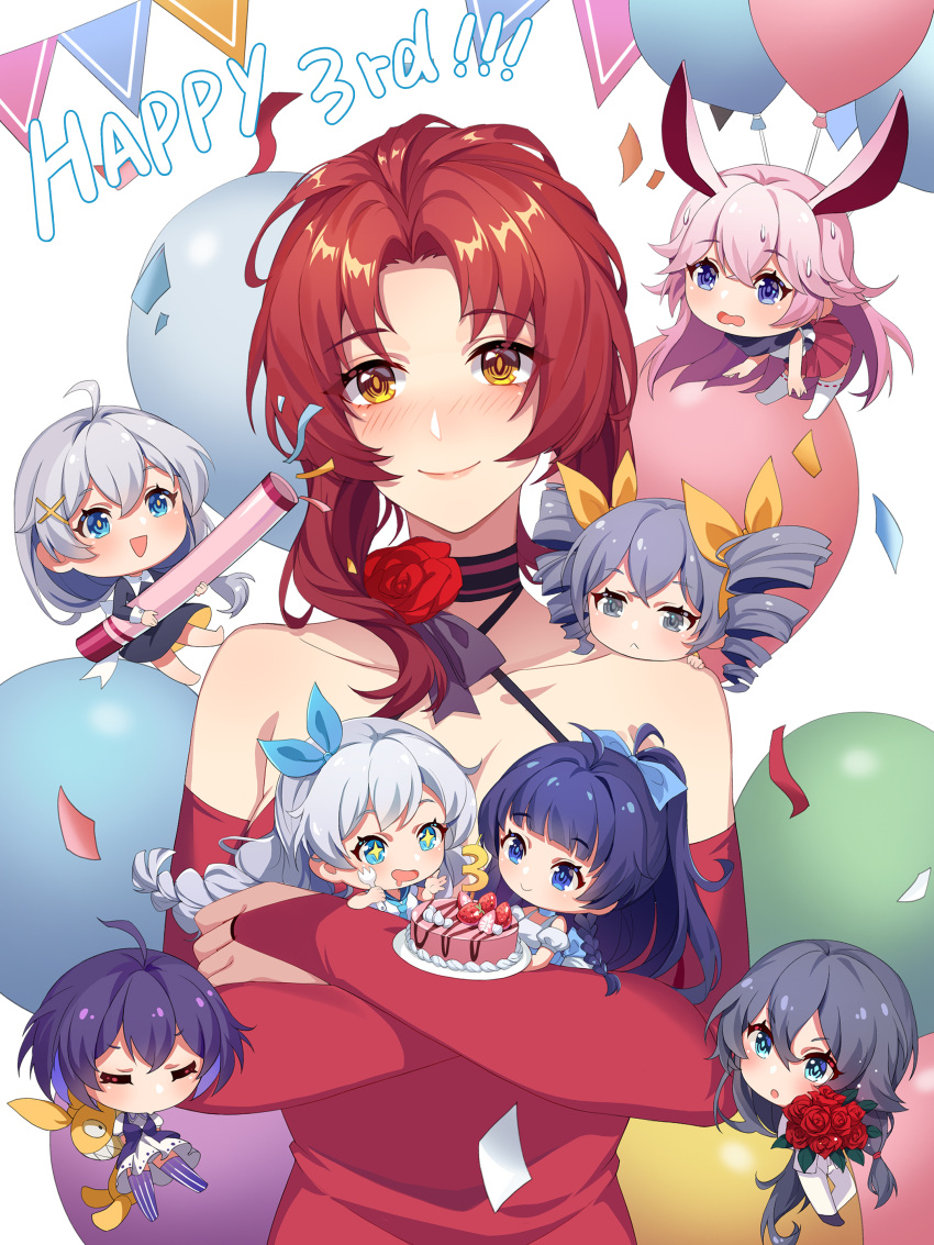 6+girls, absurdres, ahoge, animal_ears, anniversary, balloon, bare_shoulders, blue_eyes