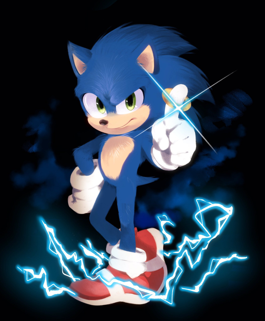 1boy, blue_fur, blue_spine, commentary, electricity, english_commentary, full_body, gloves, green_eyes, hand_on_hip, hedgehog, highres, index_finger_raised, jewelry, kohane01, male_focus, paramount_pictures, red_footwear, redesign, ring, ring_(sonic), sega, shoes, smirk, sneakers, snout, solo, sonic, sonic_(live_action), sonic_(series), sonic_the_hedgehog, sonic_the_hedgehog_(film), sparkle, white_gloves