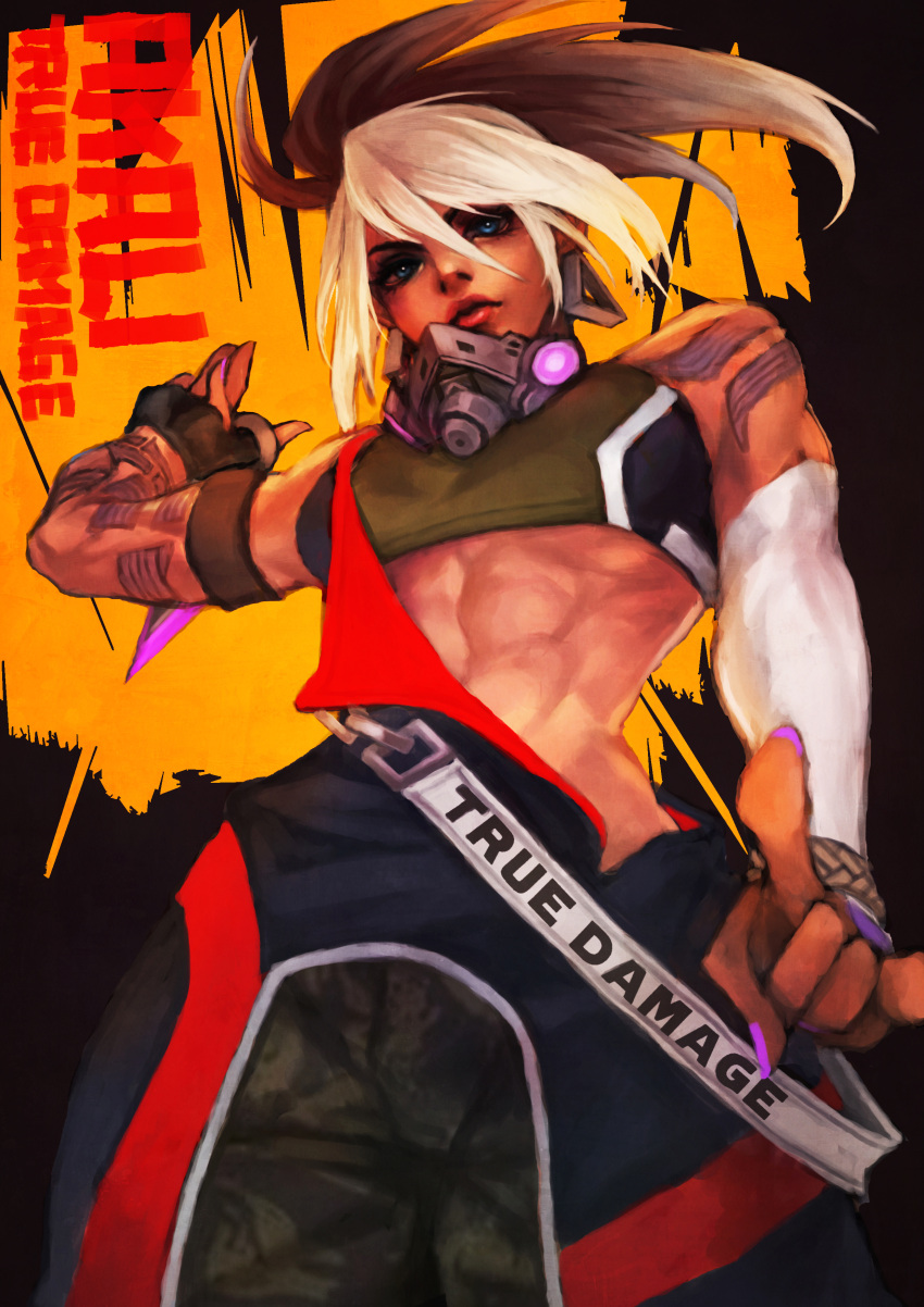 1girl, abs, absurdres, akali, alternate_costume, arm_tattoo, belt, black_hair