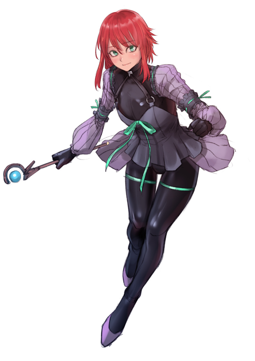 1girl, bare_shoulders, bodysuit, bondage_outfit, boots, dress, elbow_gloves, eyebrows_visible_through_hair