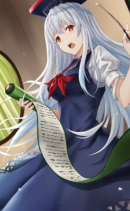 1girl, bamboo, bangs, baton, blue_dress, blue_headwear, breasts, covered_navel