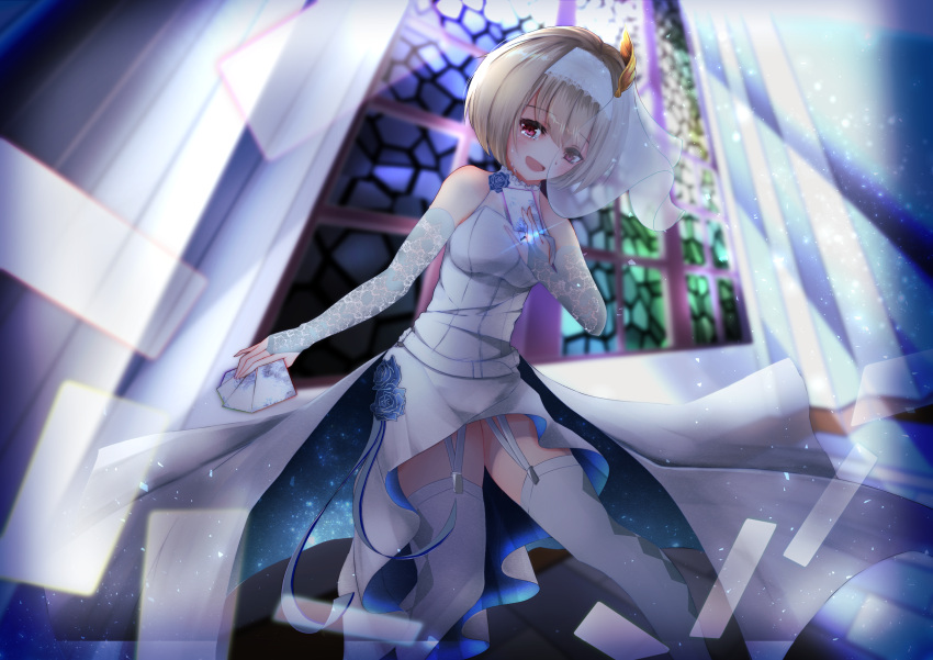 1girl, :d, azur_lane, blue_flower, blue_rose, blush, bridal_gauntlets, bridal_veil