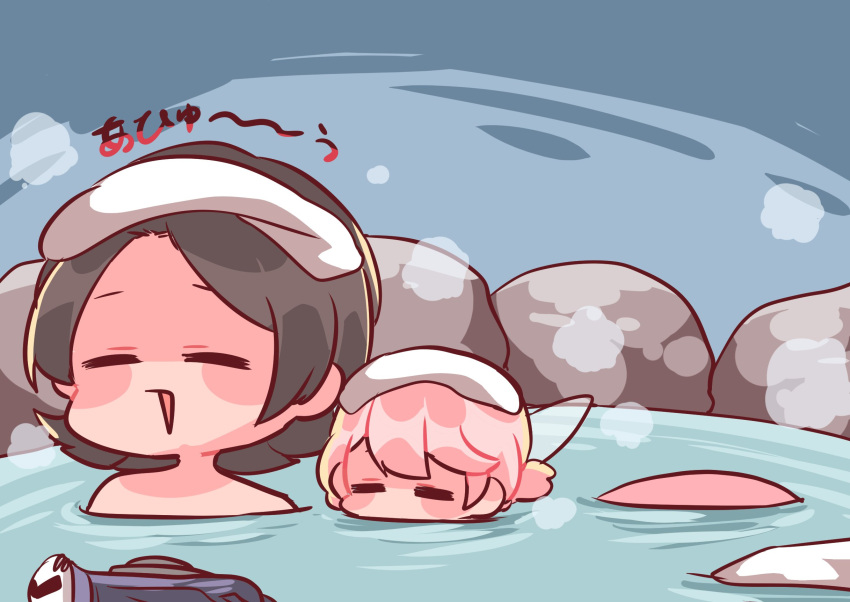 adeleine, akiaki_popee, black_hair, blush_stickers, closed_eyes, halberd_(airship), highres, hot_springs