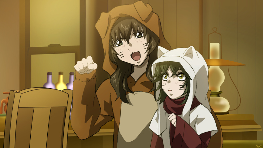 2girls, :d, animal_costume, animal_hood, bangs, blush, bottle, brown_eyes