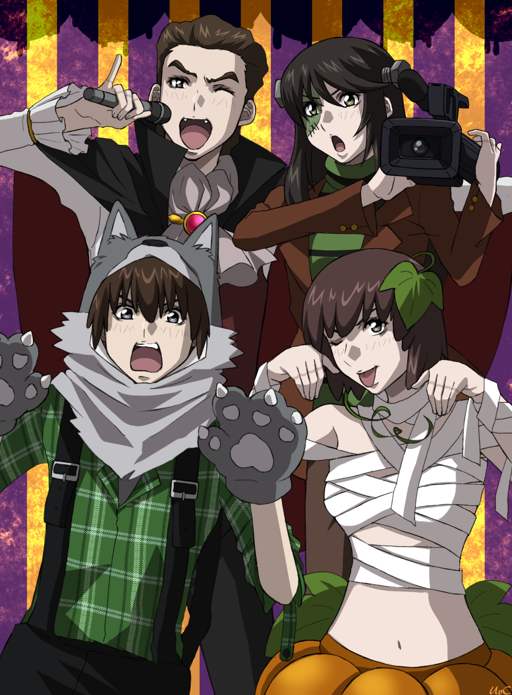 2boys, 2girls, :o, ;d, animal_costume, bandages, bangs, black_hair