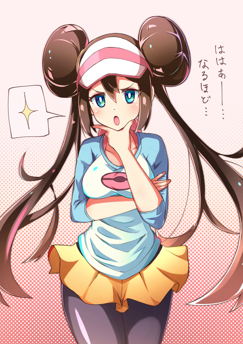 1girl, black_legwear, blue_eyes, breast_lift, breasts, brown_hair, double_bun, hand_on_own_chin