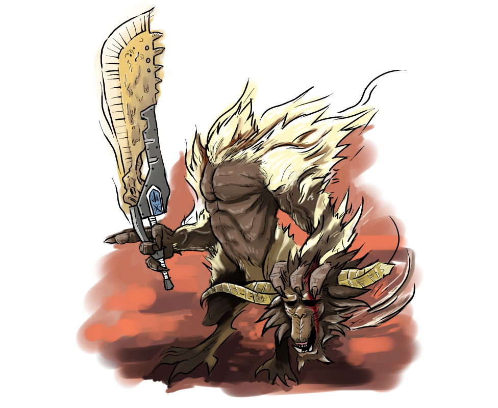 blood, cosplay, disembodied_head, full_body, greatsword, guardian_ape, guardian_ape_(cosplay), headless, holding, holding_head, holding_sword, holding_weapon, monster_hunter, no_humans, rajang, sd1988122, sekiro:_shadows_die_twice, solo, standing, sword, weapon