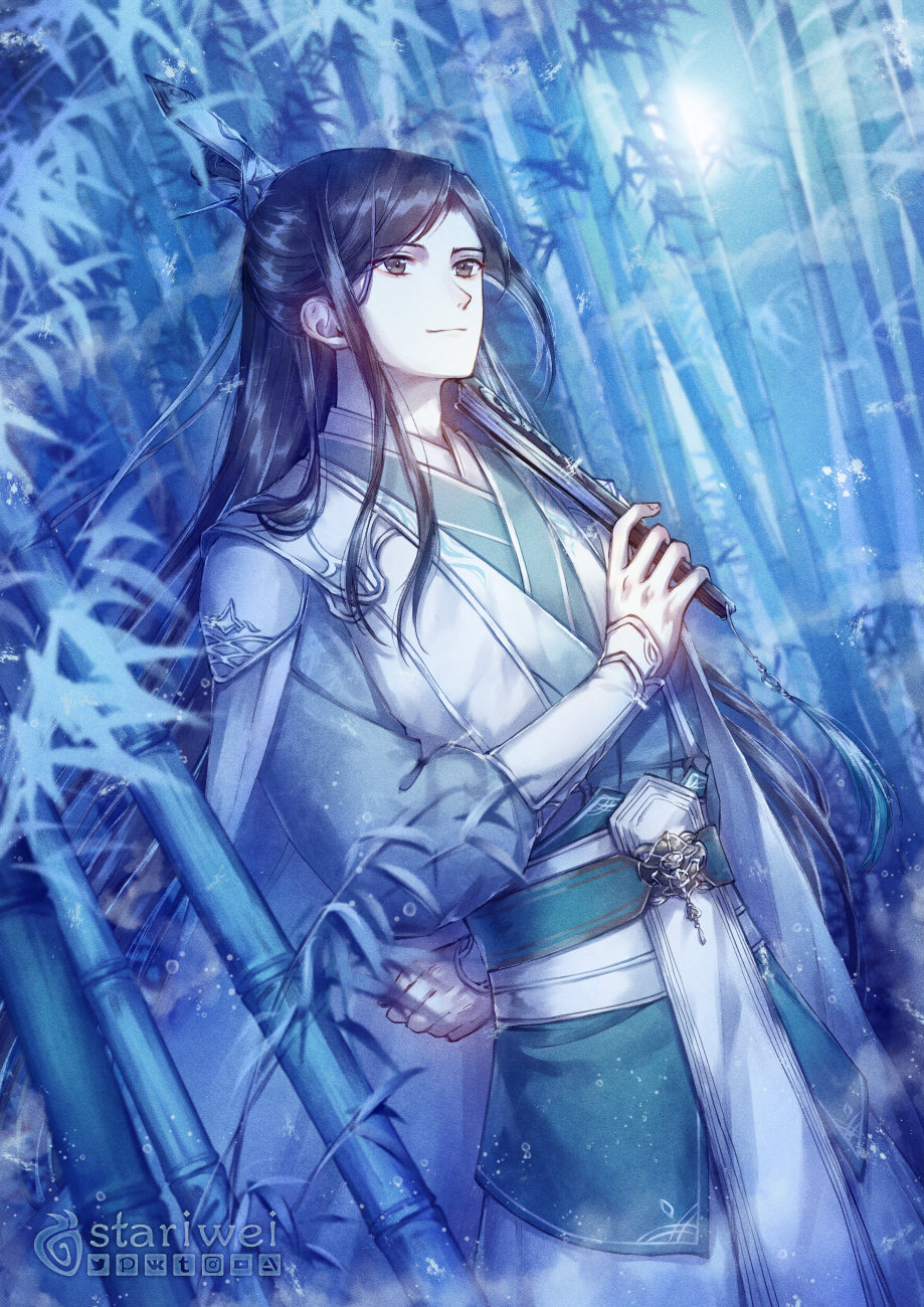 1boy, arm_behind_back, artist_name, bamboo, black_eyes, black_hair, blue_sky, blue_theme