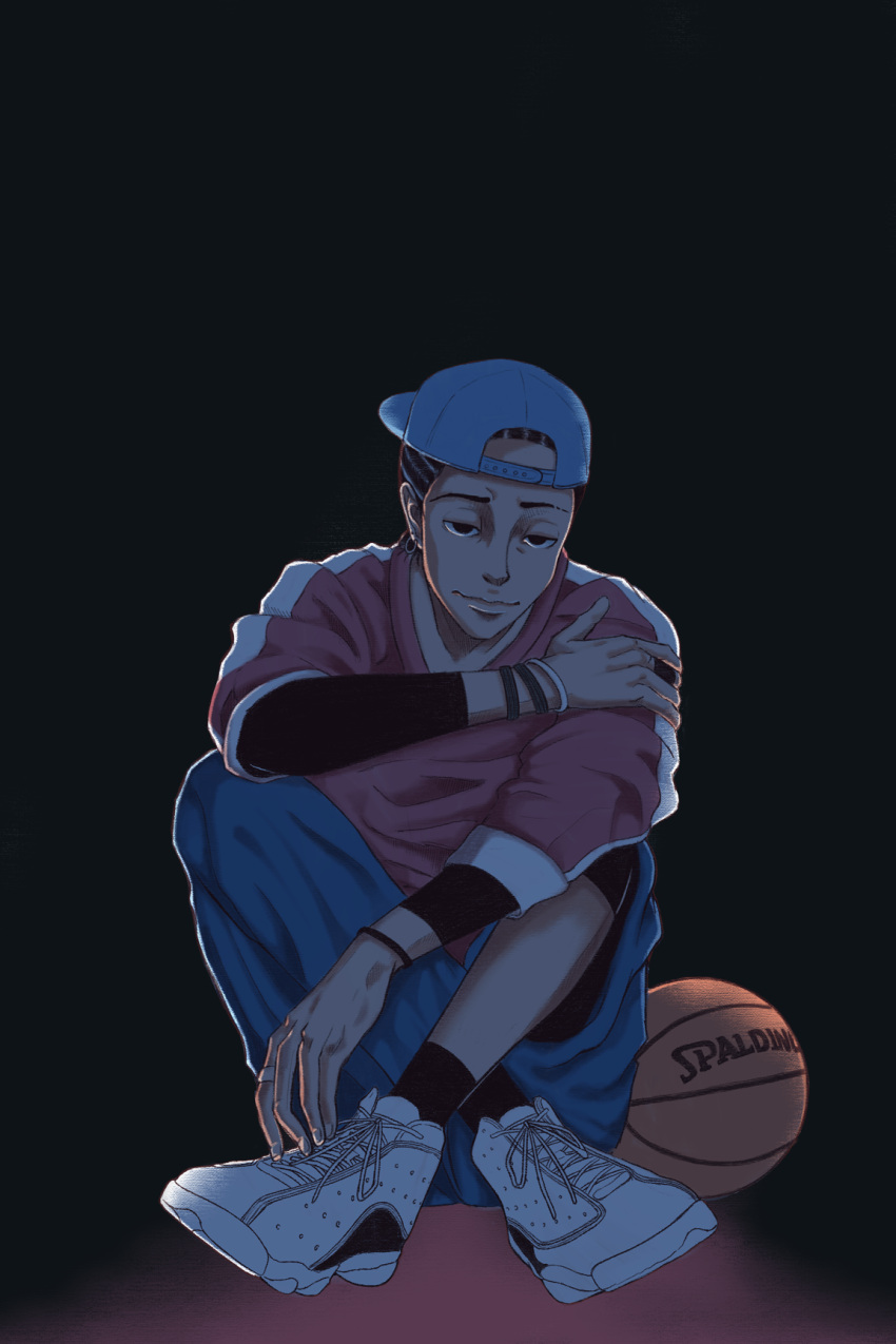 1boy, ahiru_no_sora, backwards_hat, basketball, black_background, black_eyes, black_hair, black_legwear, blue_headwear, cornrows, crossed_ankles, earrings, full_body, hat, highres, jewelry, natsume_kenji, ring, shoes, sitting, sneakers, socks, solo, white_footwear, wristband