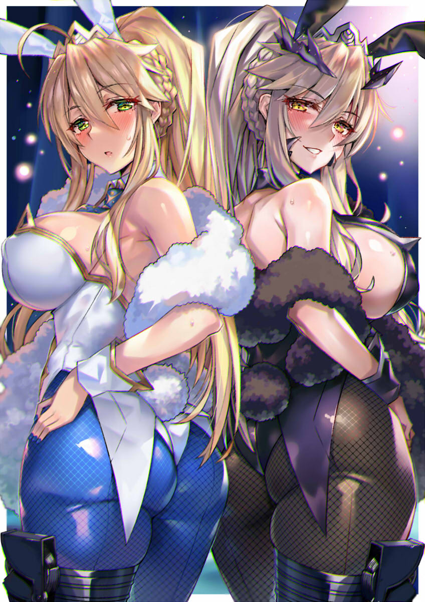 2girls, :o, animal_ears, artoria_pendragon_(all), artoria_pendragon_(lancer), artoria_pendragon_(lancer_alter), artoria_pendragon_(swimsuit_ruler)_(fate), ass