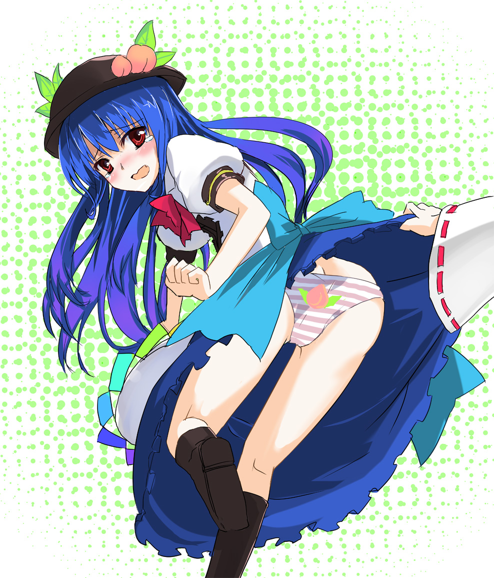 blue_hair, blush, boots, food, fruit, gochou_(comedia80), hakurei_reimu, hat