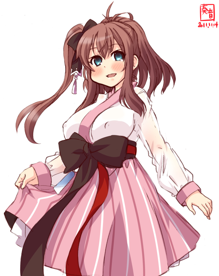 1girl, alternate_costume, artist_logo, black_ribbon, blush, breasts, brown_hair, cosplay