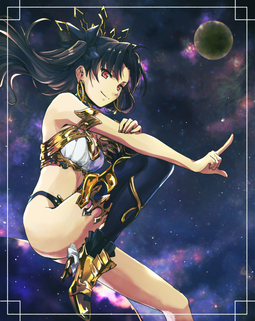 1girl, armlet, asymmetrical_legwear, asymmetrical_sleeves, bangs, bare_shoulders, black_hair, breasts