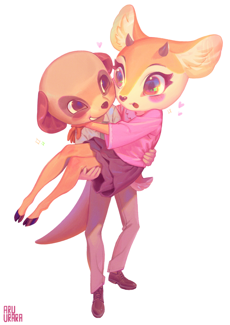1boy, 1girl, aggressive_retsuko, animal_ears, blush, carrying, couple, furry