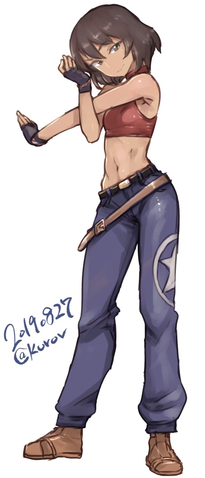 1girl, abaratani_kurou, abs, bangs, belt, black_belt, black_gloves, blue_mary