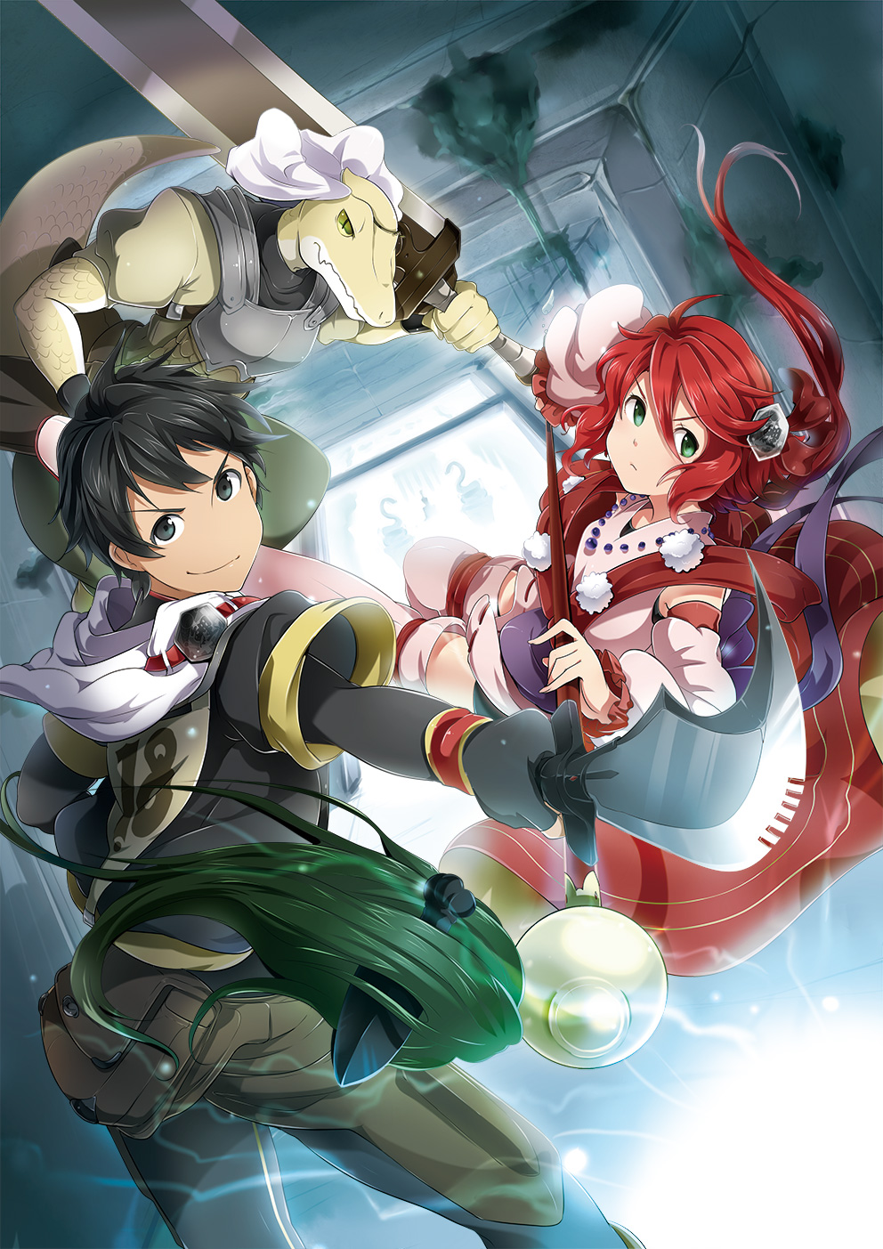 1boy, 1girl, black_hair, breastplate, broadsword, creature, dagger, detached_sleeves, from_behind, fuyuzora_minori, greatsword, green_eyes, hair_ornament, highres, holding, holding_dagger, holding_staff, holding_sword, holding_weapon, hood, hood_down, huge_weapon, left-handed, lightning, looking_at_viewer, looking_back, monster, novel_illustration, official_art, over_shoulder, redhead, scales, short_hair, staff, sword, sword_over_shoulder, uosato_koukou_dungeon-bu!, weapon, weapon_over_shoulder