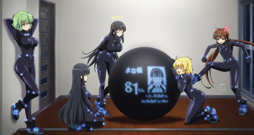 5girls, :3, ahoge, anger_vein, arms_behind_head, black_hair, blonde_hair, brown_hair