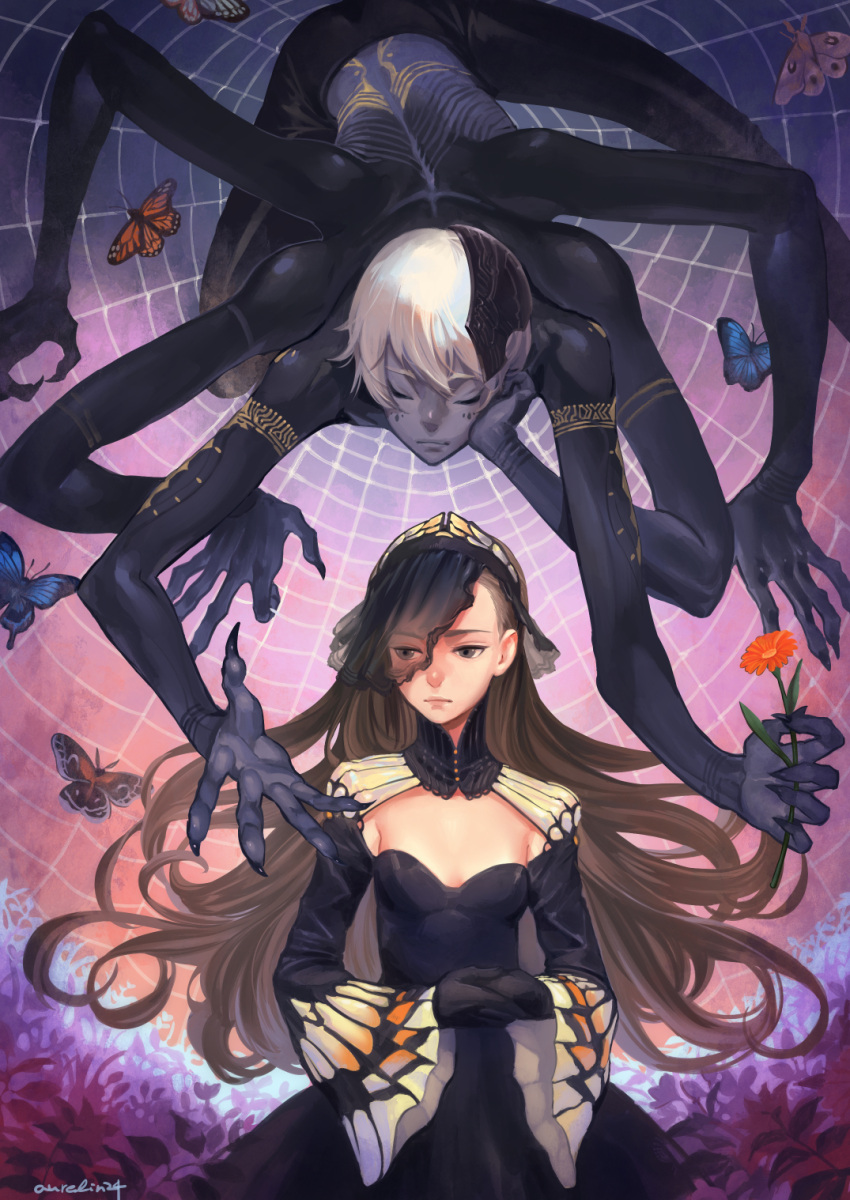 1boy, 1girl, animal, animal_print, aureolin31, beckoning, black_dress, black_gloves