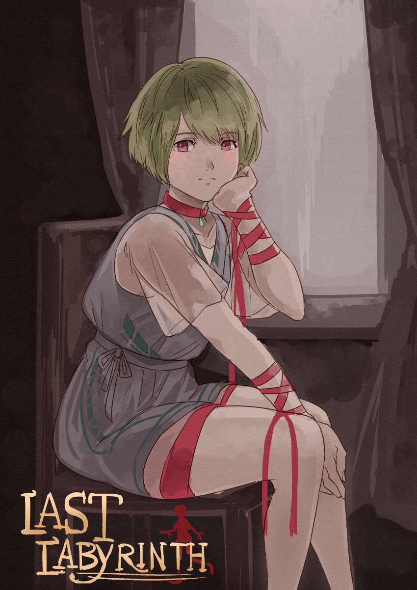 1girl, absurdres, azami039, brown_hair, chair, chin_rest, choker, dress