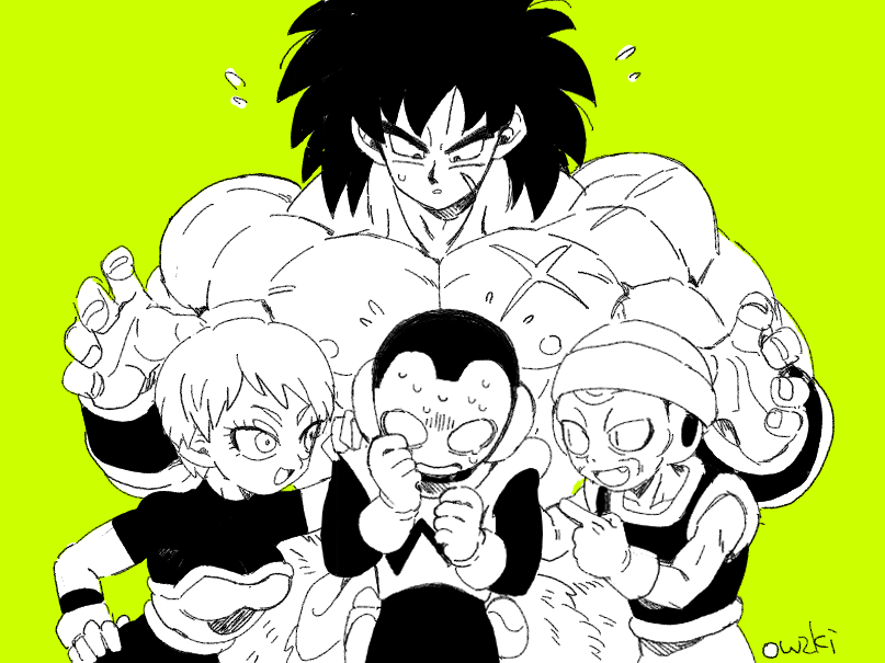 1girl, 3boys, :o, armor, bad_id, bad_twitter_id, black_eyes, black_hair