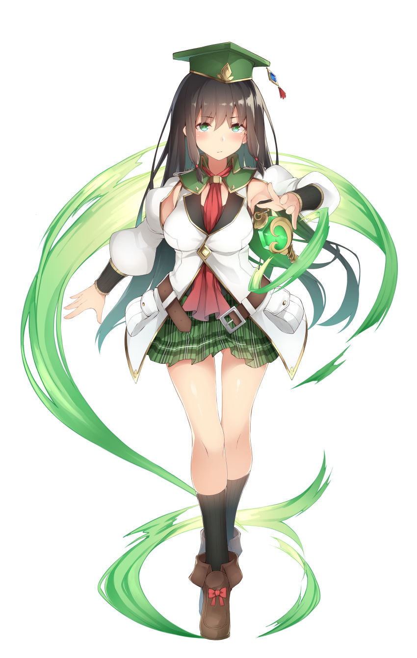 1girl, absurdres, bangs, black_legwear, blush, breasts, brown_footwear, brown_hair, closed_mouth, eyebrows_visible_through_hair, full_body, green_eyes, green_headwear, green_skirt, hair_between_eyes, haruka_(sennen_sensou_aigis), hat, highres, jacket, kneehighs, large_breasts, legs, long_hair, looking_at_viewer, miniskirt, nanahara_fuyuki, necktie, official_art, plaid, plaid_skirt, pleated_skirt, red_neckwear, sennen_sensou_aigis, shiny, shiny_skin, sidelocks, simple_background, skirt, socks, solo, standing, tachi-e, white_background, white_jacket, wind