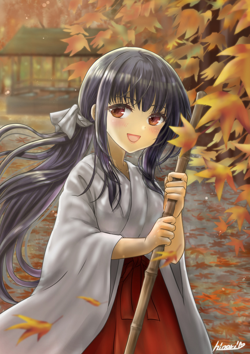 1girl, :d, absurdres, artist_name, autumn_leaves, black_hair, blurry, blurry_background