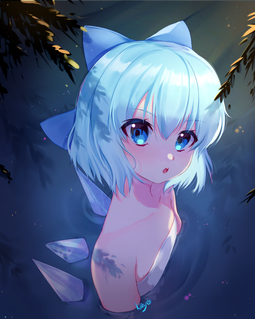 1girl, artist_name, bangs, bare_shoulders, blush, chestnut_mouth, cirno, collarbone
