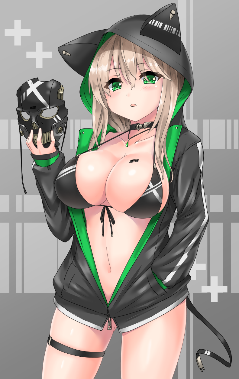 1girl, animal_hood, barcode_tattoo, black_bikini_top, black_mask_(clothing), breasts, choker, collarbone