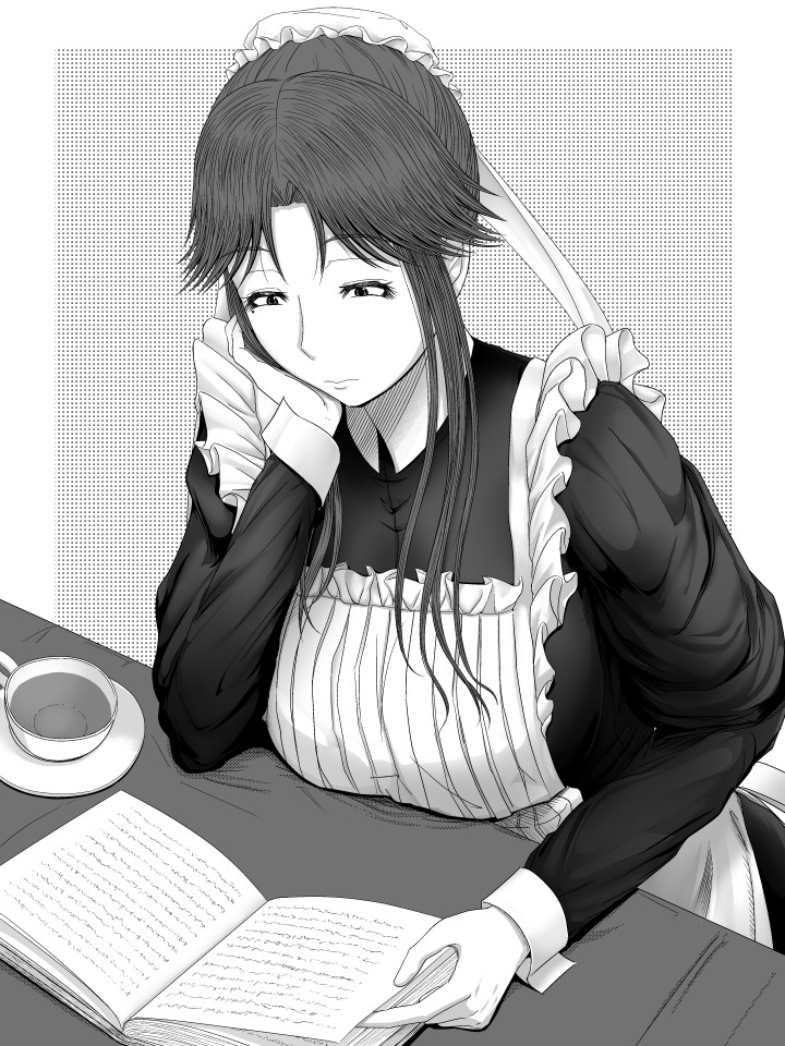 1girl, black_dress, book, breasts, chin_rest, cup, dress, frills, greyscale, groza, large_breasts, long_sleeves, maid, monochrome, open_book, original, reading, ribbon, sidelocks, sitting, solo, table, teacup, white_ribbon