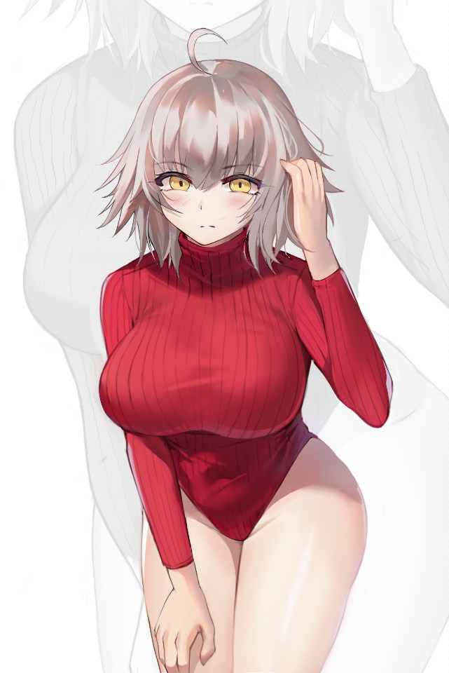 1girl, ahoge, bangs, breasts, eto_(nistavilo2), fate/grand_order, fate_(series), highleg, highleg_leotard, impossible_clothes, impossible_leotard, impossible_sweater, jeanne_d'arc_(alter)_(fate), jeanne_d'arc_(fate)_(all), large_breasts, leotard, long_sleeves, meme_attire, red_leotard, red_sweater, revision, ribbed_leotard, short_hair, silver_hair, solo, striped_leotard, sweater, turtleneck, turtleneck_leotard, turtleneck_sweater, yellow_eyes, zoom_layer