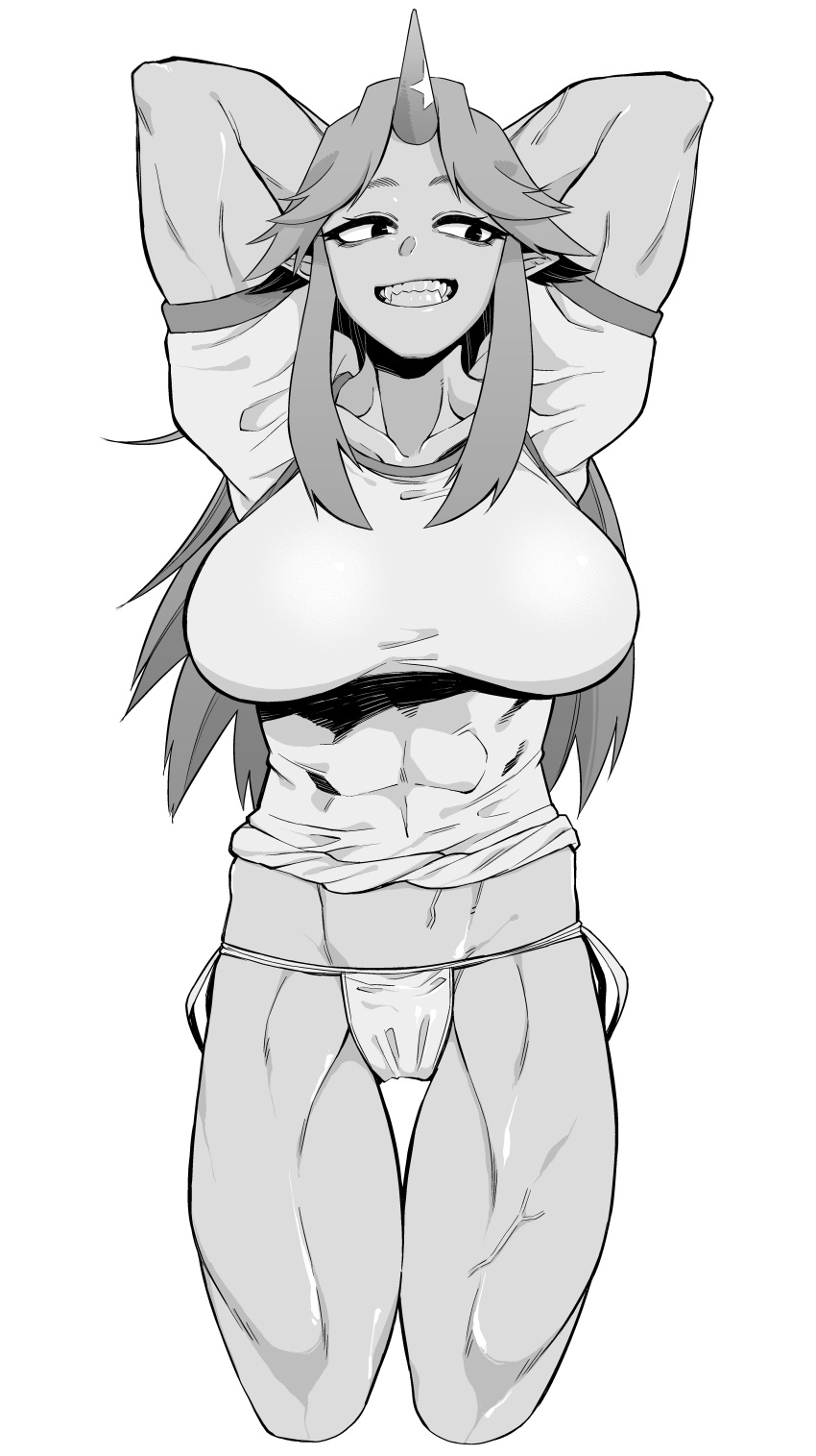 1girl, abs, absurdres, arms_behind_head, breasts, collarbone, cowboy_shot, fundoshi, greyscale, highres, horn, hoshiguma_yuugi, japanese_clothes, kantoqyoiko, large_breasts, long_hair, looking_to_the_side, monochrome, muscle, muscular_female, oni, pointy_ears, sharp_teeth, shirt, sidelocks, smile, solo, t-shirt, teeth, thigh_gap, touhou, veins