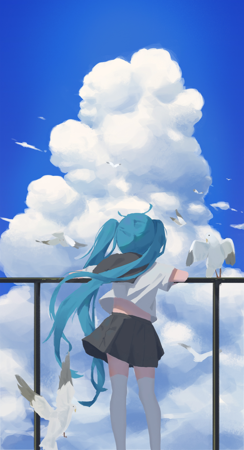 1girl, against_railing, bird, black_sailor_collar, black_skirt, blue_eyes, clouds, cloudy_sky