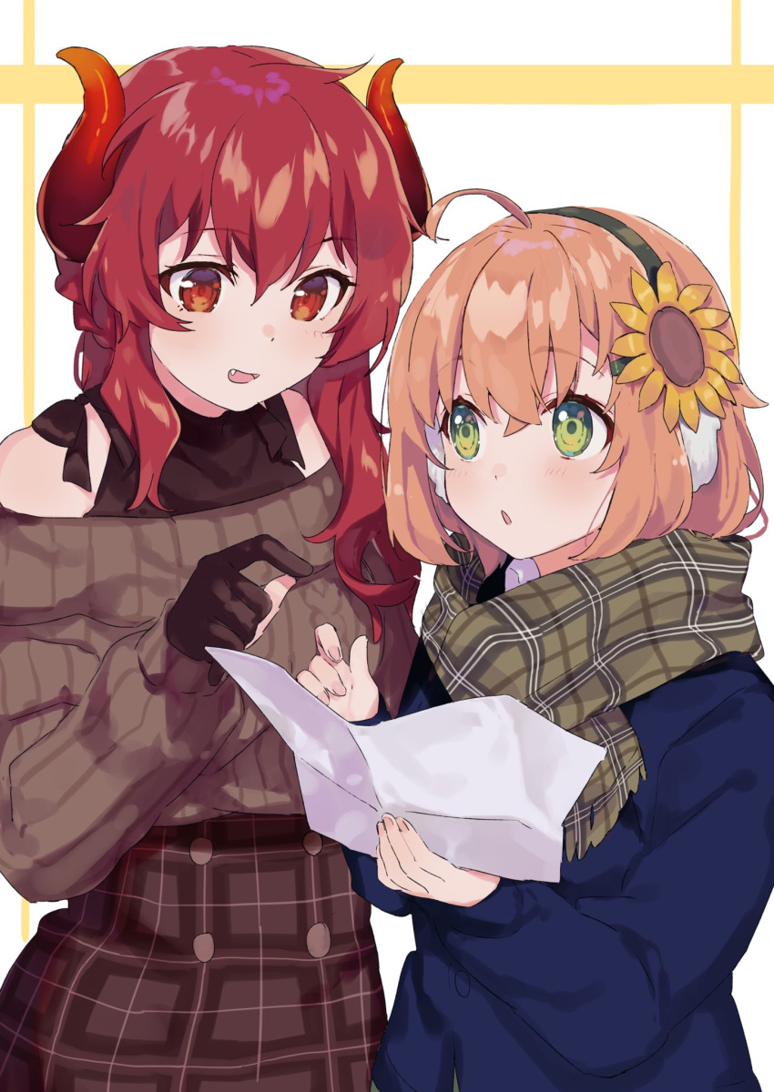 2girls, :o, ahoge, bangs, black_tank_top, blue_jacket, blush, braid, brown_gloves, brown_skirt, brown_sweater, cowboy_shot, demon_girl, demon_horns, dola_(nijisanji), double-breasted, earmuffs, eyebrows_visible_through_hair, fang, fingernails, flower, gloves, green_eyes, green_scarf, hair_flower, hair_ornament, high-waist_skirt, highres, holding, holding_paper, honma_himawari, horns, jacket, looking_at_paper, medium_hair, multiple_girls, nana_(nana_yume87), nijisanji, off-shoulder_sweater, off_shoulder, orange_hair, paper, partly_fingerless_gloves, plaid, plaid_scarf, plaid_skirt, red_eyes, redhead, ribbed_sweater, scarf, simple_background, skirt, smile, sunflower_hair_ornament, sweater, symbol_commentary, virtual_youtuber, white_background
