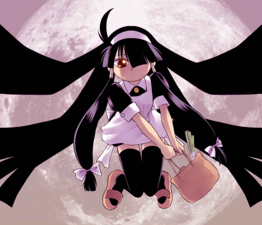bag, black_hair, glowing, glowing_eyes, hair_over_one_eye, hair_wings, long_hair, lucu_lucu