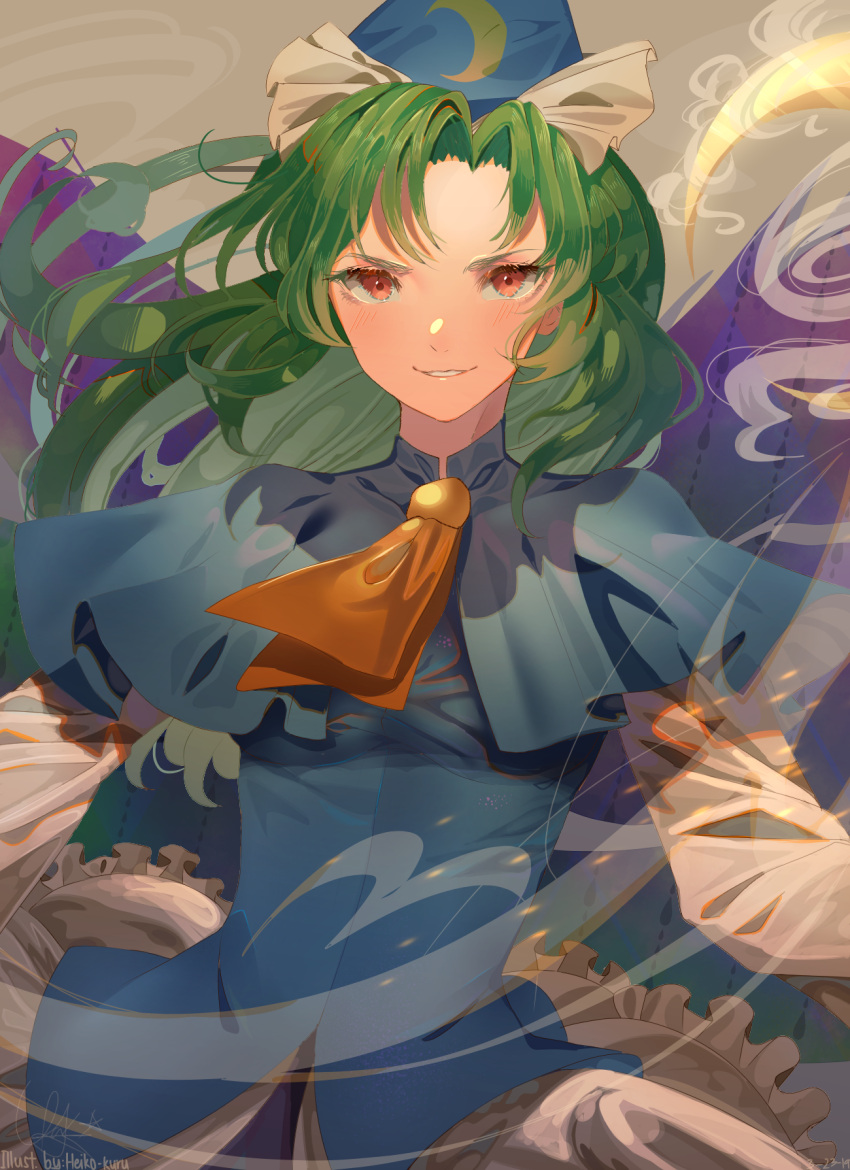 1girl, artist_name, ascot, blue_cape, blue_capelet, blue_dress, blush, bow, cape, capelet, clenched_teeth, commentary, cowboy_shot, crescent_moon, crescent_print, dated, dress, evil_grin, evil_smile, eyebrows, floating_hair, frilled_dress, frills, ghost_tail, green_eyes, green_hair, grin, hair_intakes, hat, hat_bow, heikokuru1224, highres, holding, holding_staff, long_hair, long_sleeves, looking_at_viewer, mima, moon, orange_neckwear, red_eyes, sidelocks, smile, smoke, solo, sparks, spirit, staff, teeth, touhou, touhou_(pc-98), wand, white_bow, wings, wizard_hat, yellow_neckwear