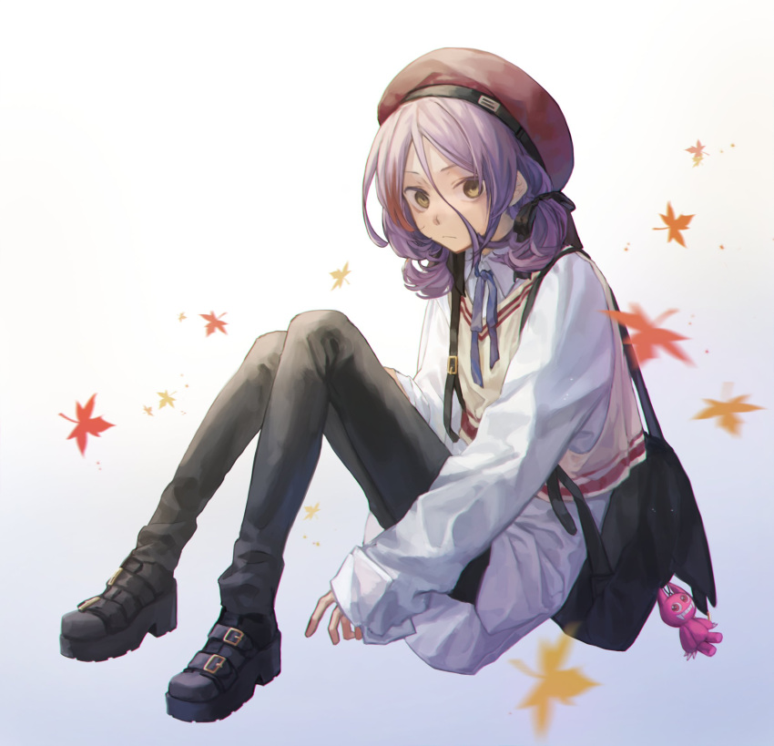 1girl, :/, autumn_leaves, backpack, bag, bag_charm, beret, black_footwear