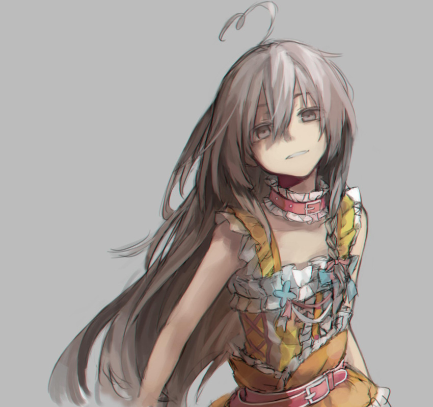 1girl, ahoge, belt, braid, choker, commentary, dress, frilled_choker