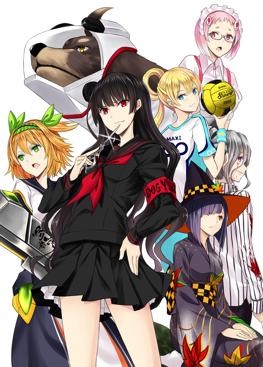 6+girls, akizuki_maxi, armband, ball, bangs, black_hair, black_headwear, black_serafuku