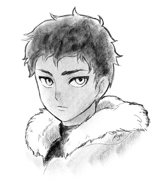 1boy, bangs, black_hair, closed_mouth, dark_skin, dungeon_meshi, full_body, greyscale