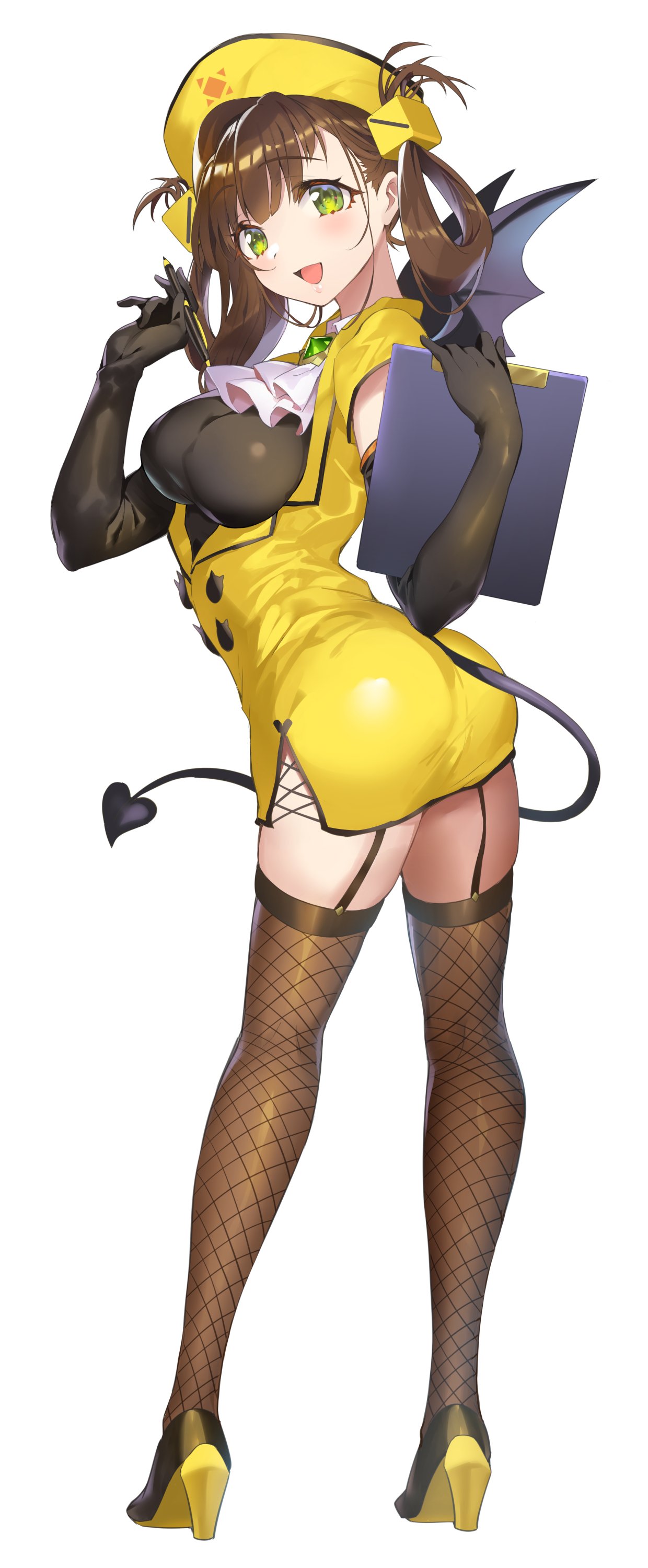 1girl, absurdres, awane_kokoro, bangs, black_gloves, blush, commentary_request, demon_tail, demon_wings, dress, elbow_gloves, eyebrows_visible_through_hair, fishnet_legwear, fishnets, full_moon, gan_(shanimuni), garter_straps, gem, gloves, green_eyes, hair_ornament, hand_up, hat, high_heels, highres, jewelry, lips, long_hair, looking_at_viewer, magia_record:_mahou_shoujo_madoka_magica_gaiden, mahou_shoujo_madoka_magica, mini_wings, moon, open_mouth, pencil, shiny, shiny_clothes, shiny_hair, short_dress, short_sleeves, simple_background, smile, solo, tail, thigh-highs, tied_hair, white_background, wings, yellow_dress, zettai_ryouiki