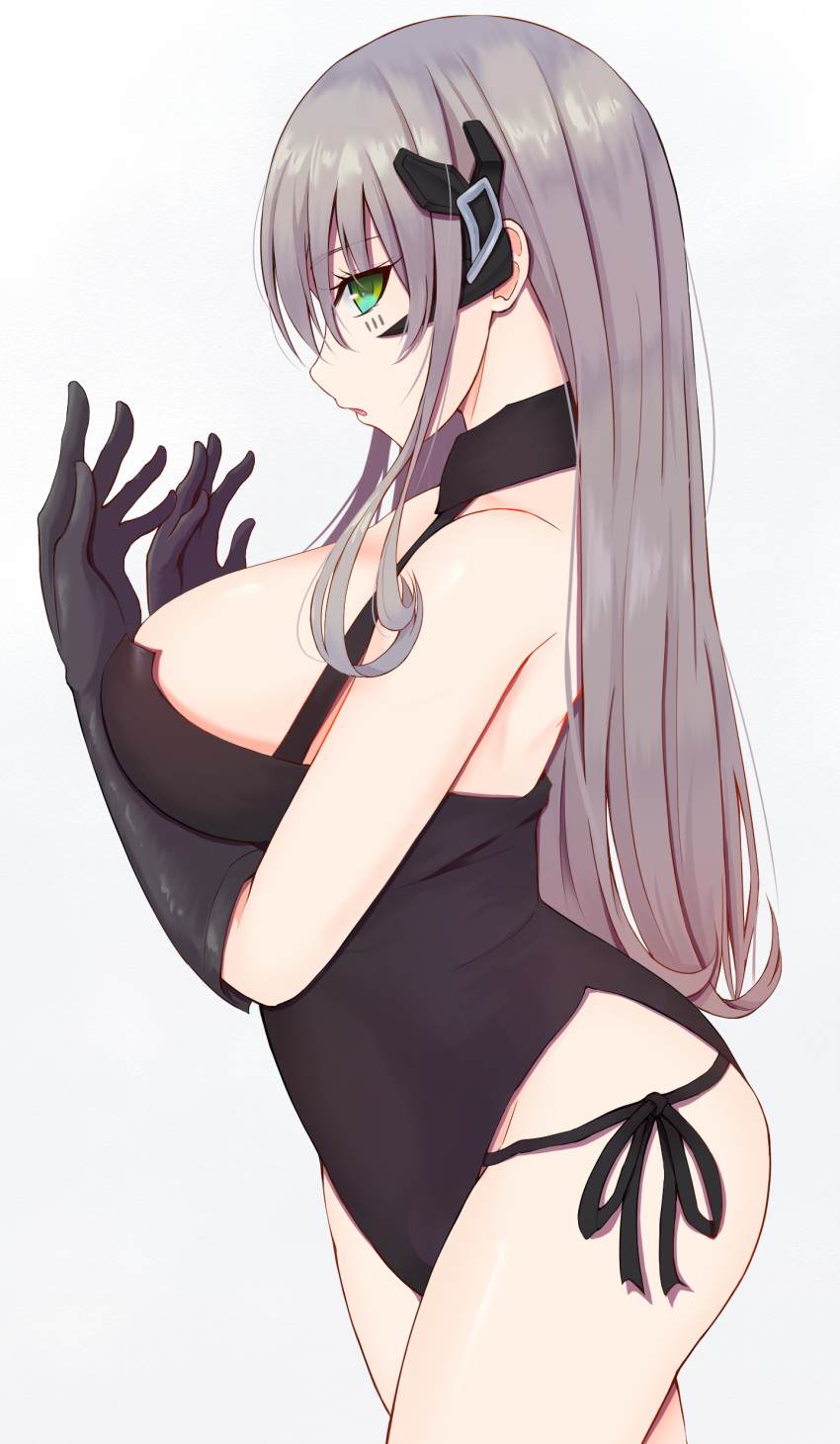 1girl, absurdres, ass, bare_shoulders, black_gloves, breasts, earpiece, facial_mark