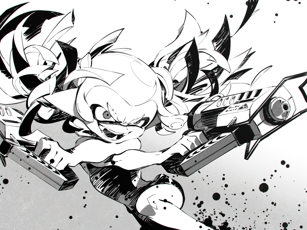 1girl, action, commentary, dual_wielding, evil_smile, fangs, glooga_dualies_(splatoon), greyscale, holding, jumping, leaning_to_the_side, monochrome, open_mouth, paint_splatter, pointy_ears, red_sole-chan_(splatoon), shimidu_sp, short_hair, short_twintails, smile, solo, splatoon_(manga), splatoon_(series), tentacle_hair, twintails, v-shaped_eyebrows