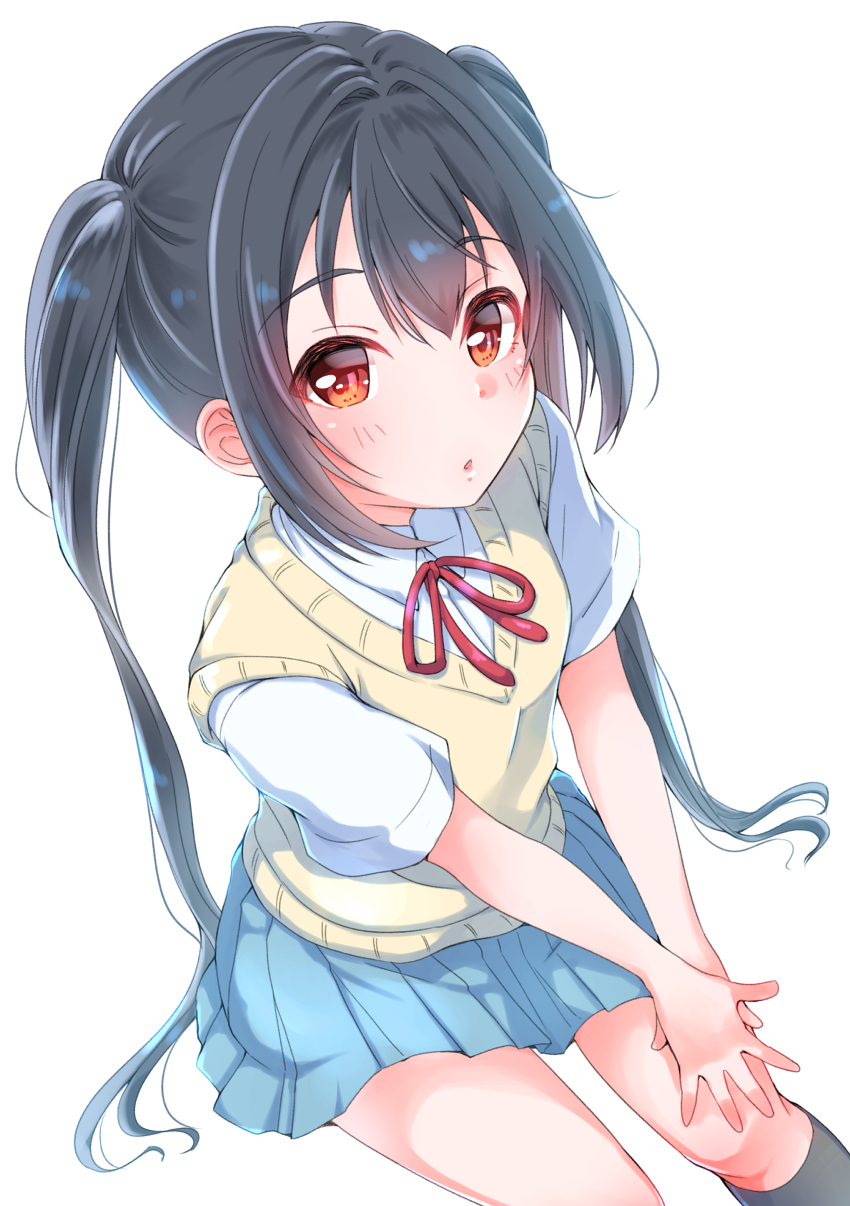 1girl, :o, absurdres, bangs, beige_sweater, beige_vest, black_hair, black_legwear