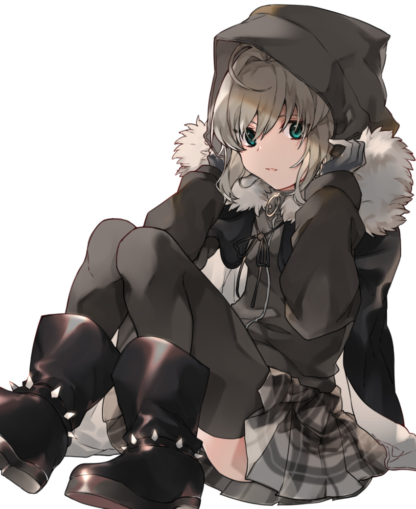 1girl, bangs, black_gloves, black_legwear, blush, cape, cloak, commentary_request