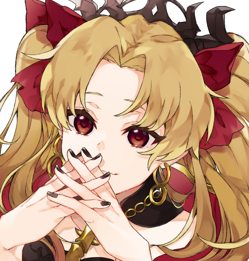 1girl, bangs, black_nails, blonde_hair, collarbone, commentary_request, earrings, ereshkigal_(fate/grand_order), face, fate/grand_order, fate_(series), hair_ribbon, highres, jewelry, kamo860, long_hair, looking_at_viewer, parted_bangs, red_eyes, red_ribbon, ribbon, solo, two_side_up