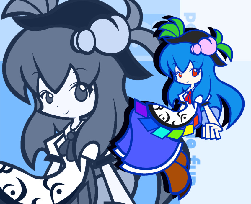 dokuro_(pixiv), food, fruit, hat, hinanawi_tenshi, long_hair, parody, peach, peaches, puyopuyo, puyopuyo_artstyle, red_eyes, skirt, solo, style_parody, touhou, zoom_layer