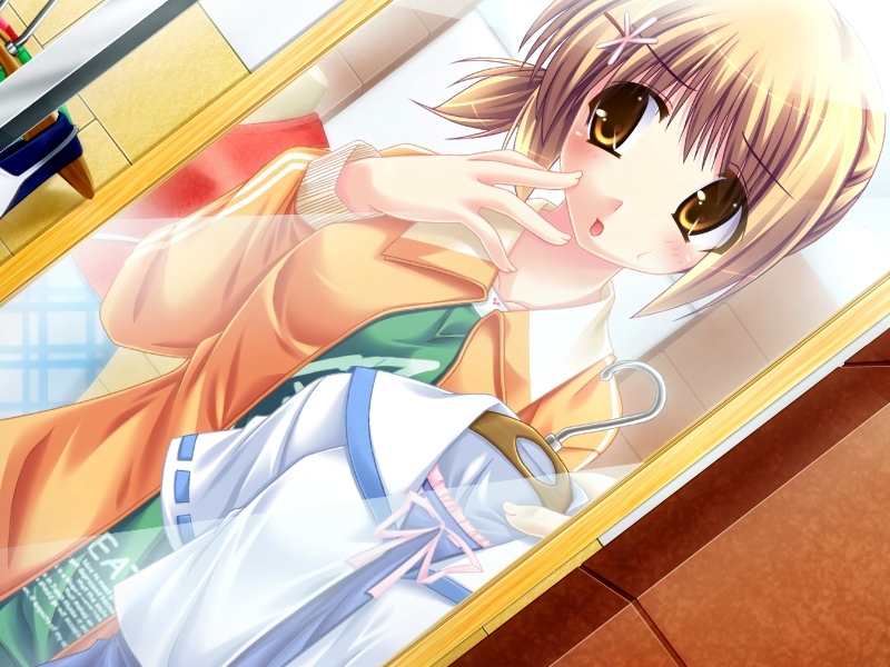 blonde_hair, brown_eyes, brown_hair, clothes, dressing_room, dutch_angle, embarrassed, game_cg, hair_ornament, hairclip, mirror, short_hair, tomosato_minato, zettai_imouto_shijou_shugi