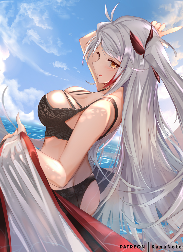 1girl, :q, antenna_hair, ass, azur_lane, b_b_b_b66, bangs, bare_shoulders, bikini, black_bikini, blue_sky, blush, breasts, brown_eyes, clouds, day, eyebrows_visible_through_hair, floating_hair, hair_between_eyes, large_breasts, long_hair, looking_at_viewer, multicolored_hair, ocean, outdoors, patreon_username, prinz_eugen_(azur_lane), redhead, silver_hair, sky, smile, solo, streaked_hair, swimsuit, tongue, tongue_out, two_side_up, very_long_hair